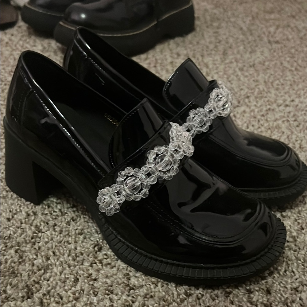 Black Patent Leather Loafers with Crystal Embellishment